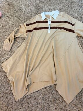 Heyson 1X/2X Terry Knit Beige Collared Stripe Knit Dress/Tunic Top